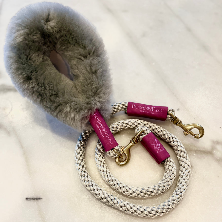 Shearling fur grip and rope dog leash bundle